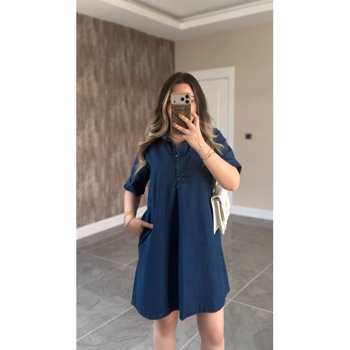 Koyu Mavi Denim Elbise