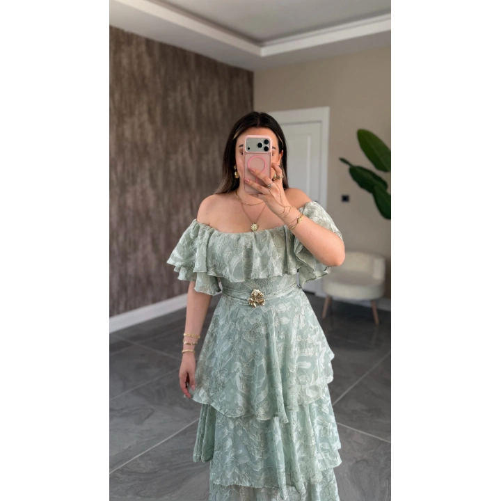 Mint Katkatlı Fırfırlı Elbise