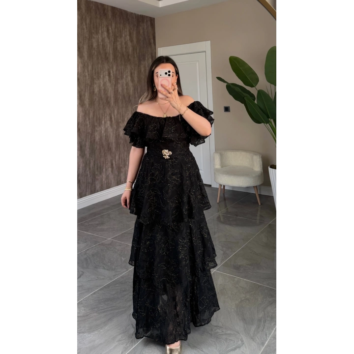 Siyah Katkatlı Fırfırlı Elbise