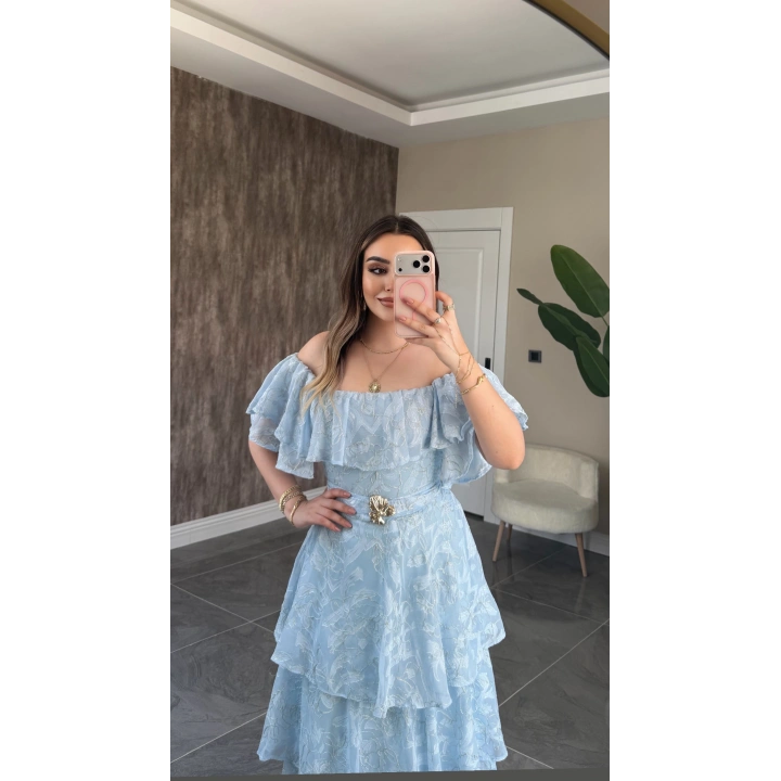 Bebe Mavi Katkatlı Fırfırlı Elbise