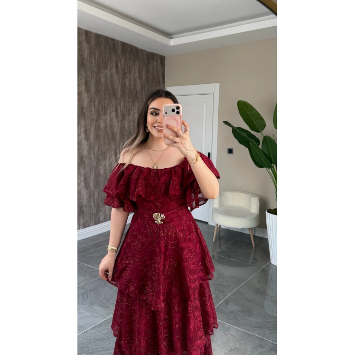 Bordo Katkatlı Fırfırlı Elbise
