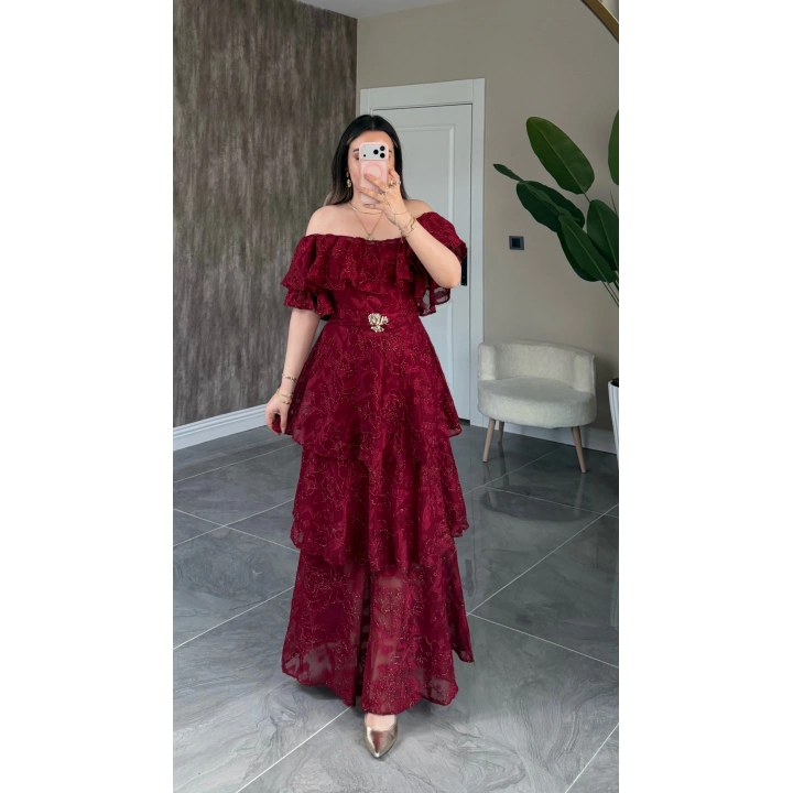 Bordo Katkatlı Fırfırlı Elbise