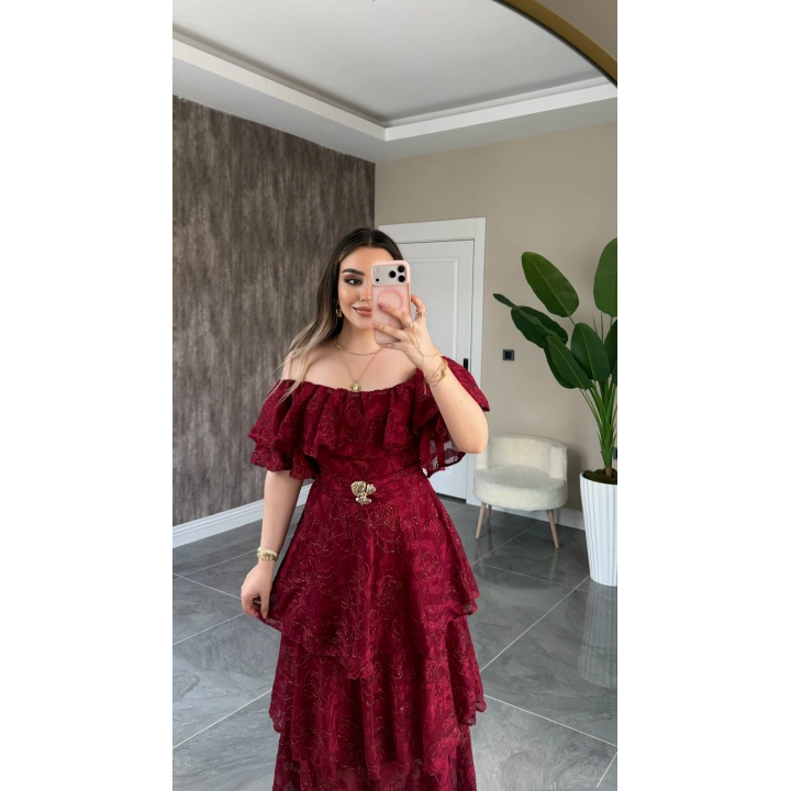 Bordo Katkatlı Fırfırlı Elbise