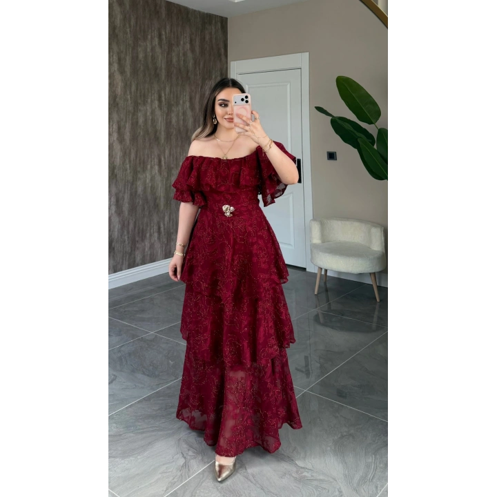 Bordo Katkatlı Fırfırlı Elbise