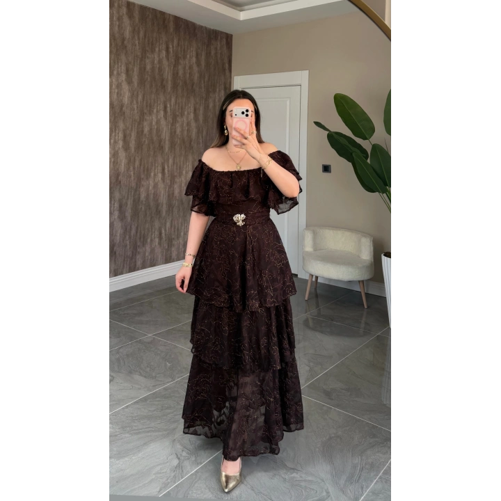 Acı Kahve Katkatlı Fırfırlı Elbise