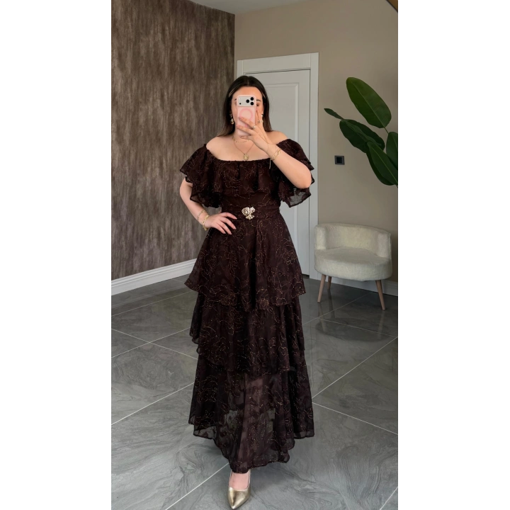 Acı Kahve Katkatlı Fırfırlı Elbise