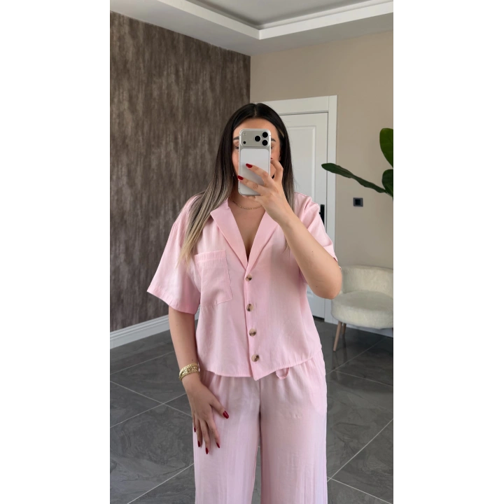 Toz Pembe Tensel Gömlek Pantolon Takım