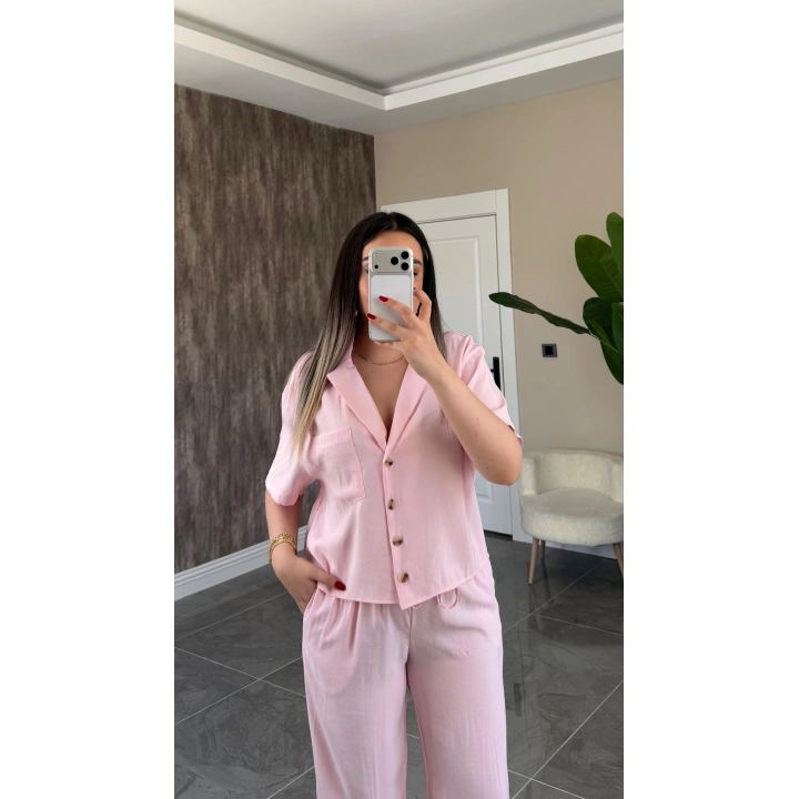 Toz Pembe Tensel Gömlek Pantolon Takım