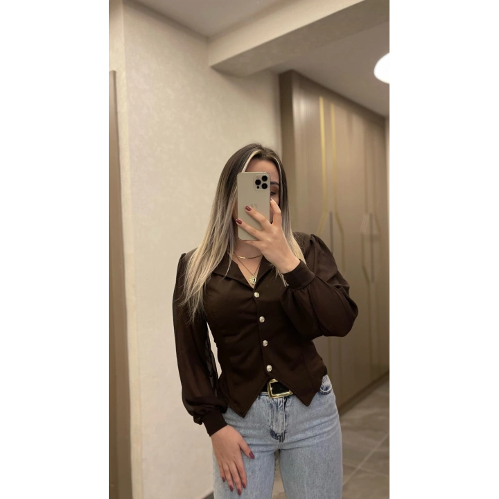 Acı Kahve Kolu Tül Bluz