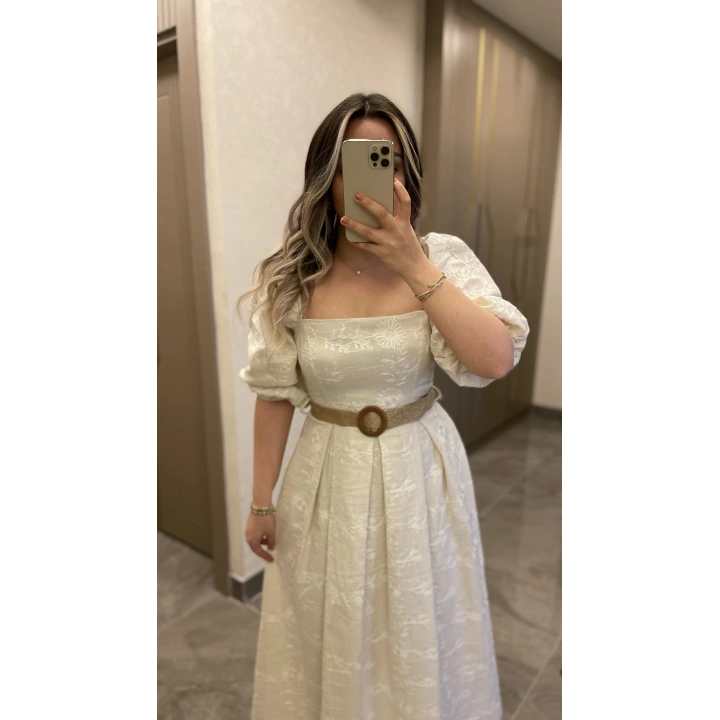 Bej Kemerli Brode Elbise