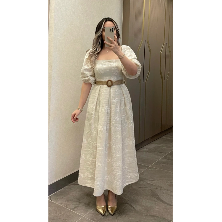 Bej Kemerli Brode Elbise