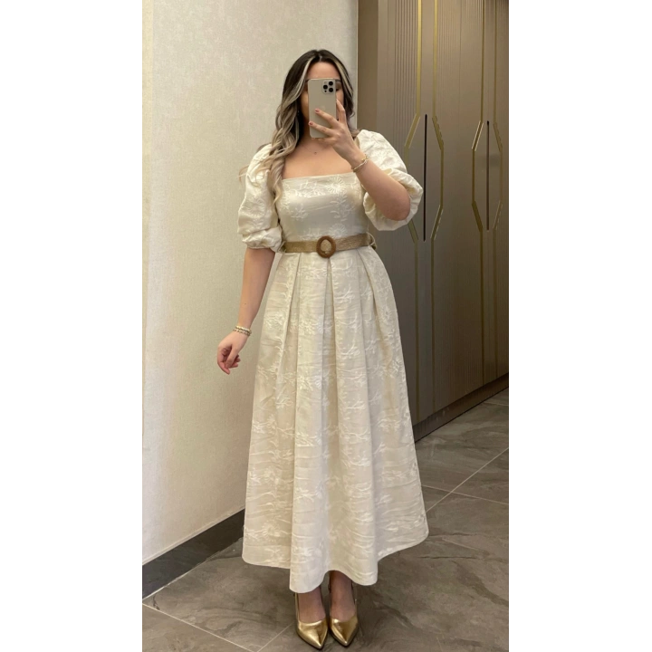 Bej Kemerli Brode Elbise