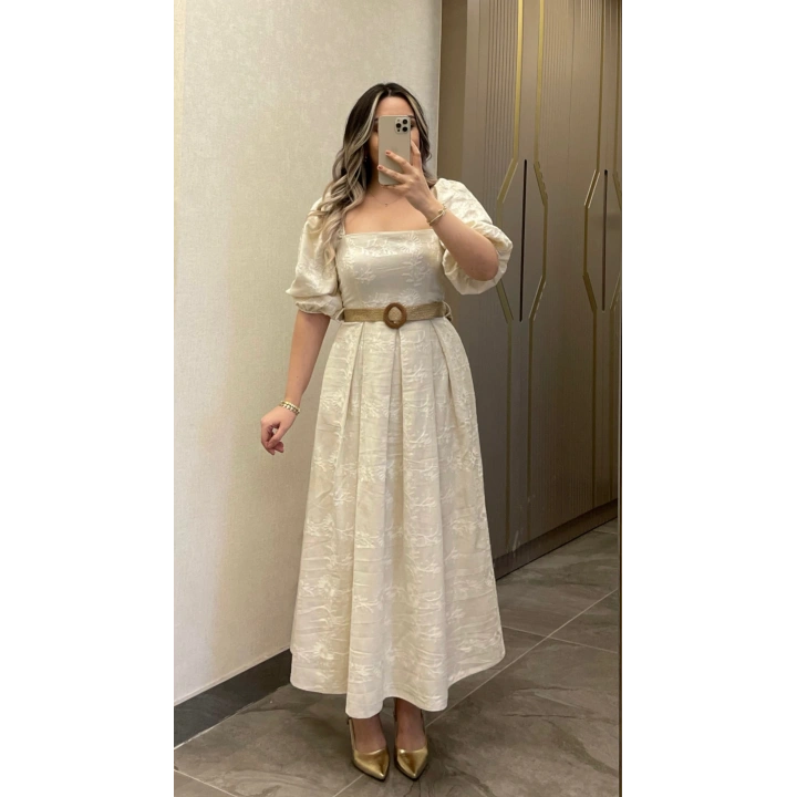 Bej Kemerli Brode Elbise