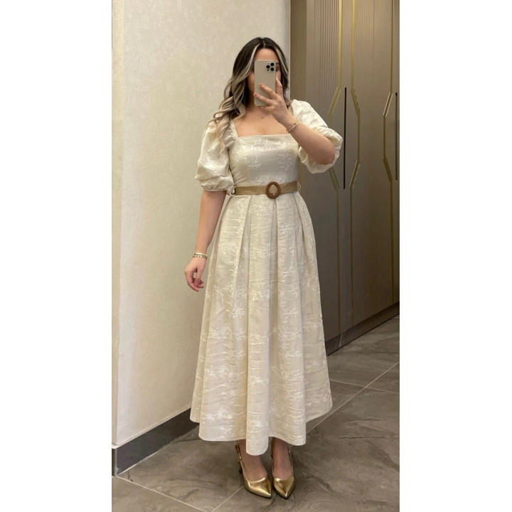 Bej Kemerli Brode Elbise