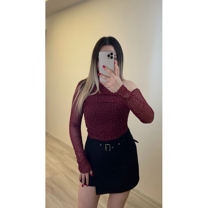 Işıltılı Bordo Bluz
