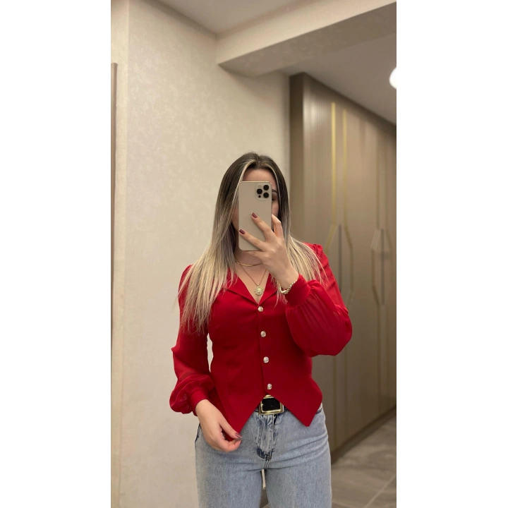 Kırmızı Kolu Tül Bluz