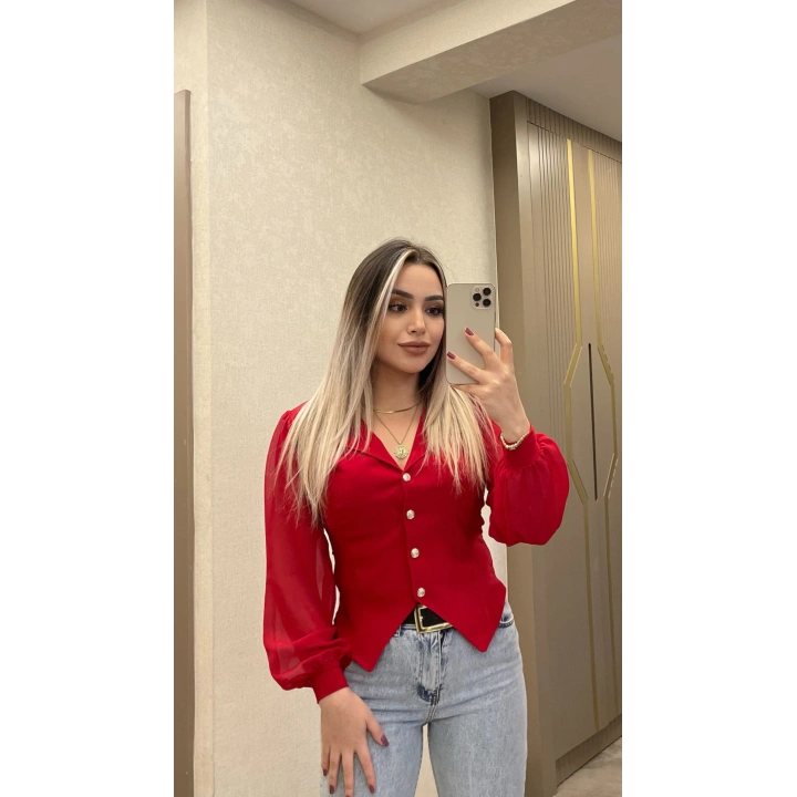 Kırmızı Kolu Tül Bluz