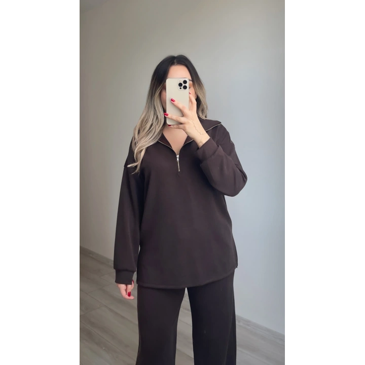 Oysh Yarım Fermuarlı Modal Eşofman Takımı Acı Kahve