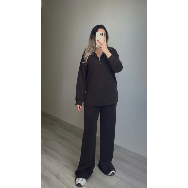 Oysh Yarım Fermuarlı Modal Eşofman Takımı Acı Kahve
