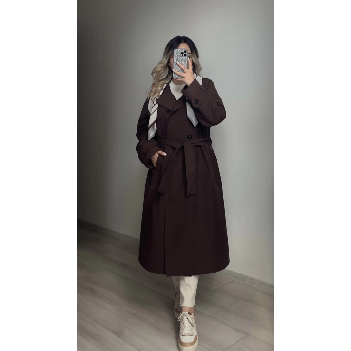 Premium Kalite Fularlı Acı Kahve Trenç