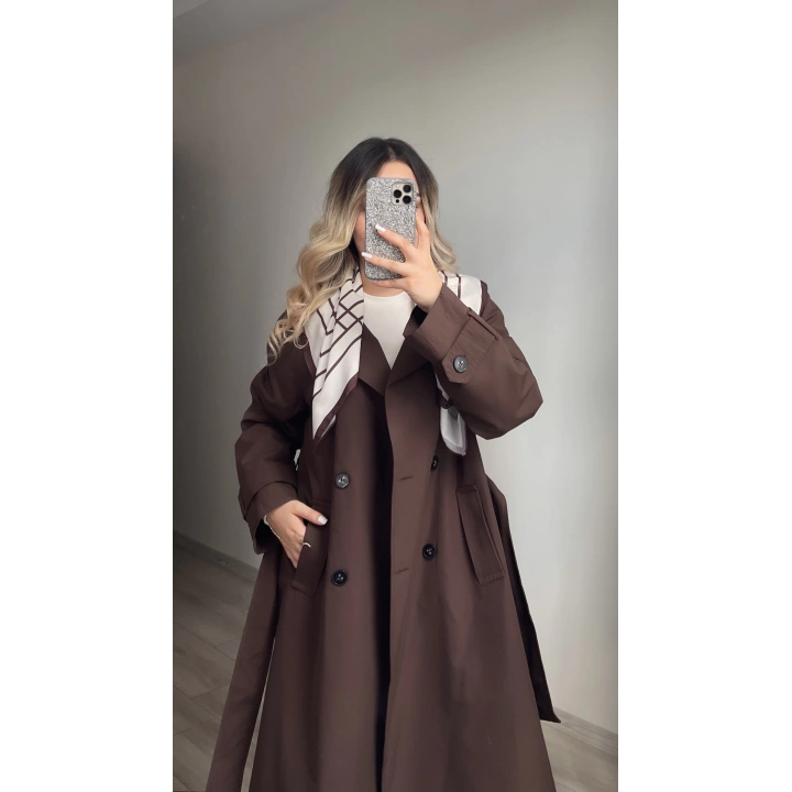 Premium Kalite Fularlı Acı Kahve Trenç
