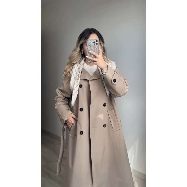 Premium Kalite Fularlı Bej Trenç