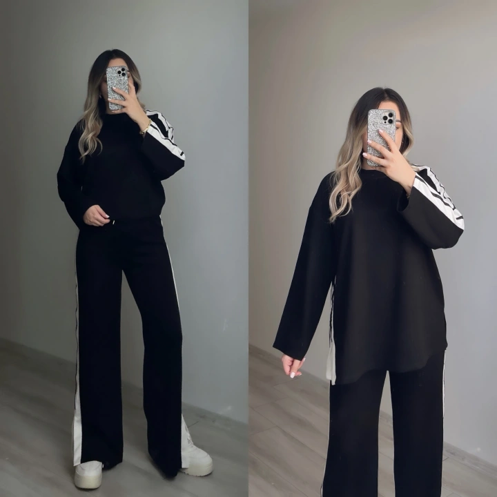 Şerit Detaylı Siyah Eşofman Takımı
