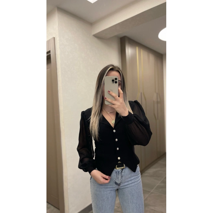 Siyah Kolu Tül Bluz