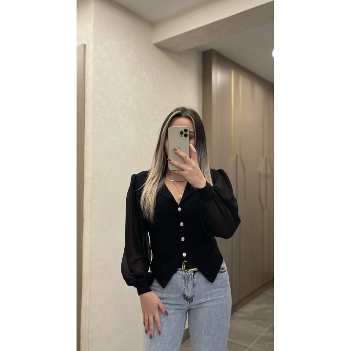 Siyah Kolu Tül Bluz