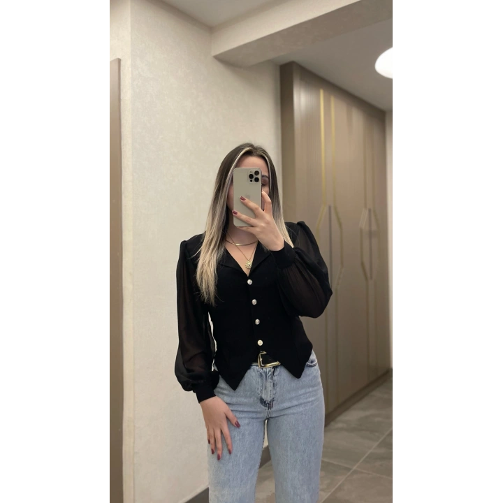 Siyah Kolu Tül Bluz