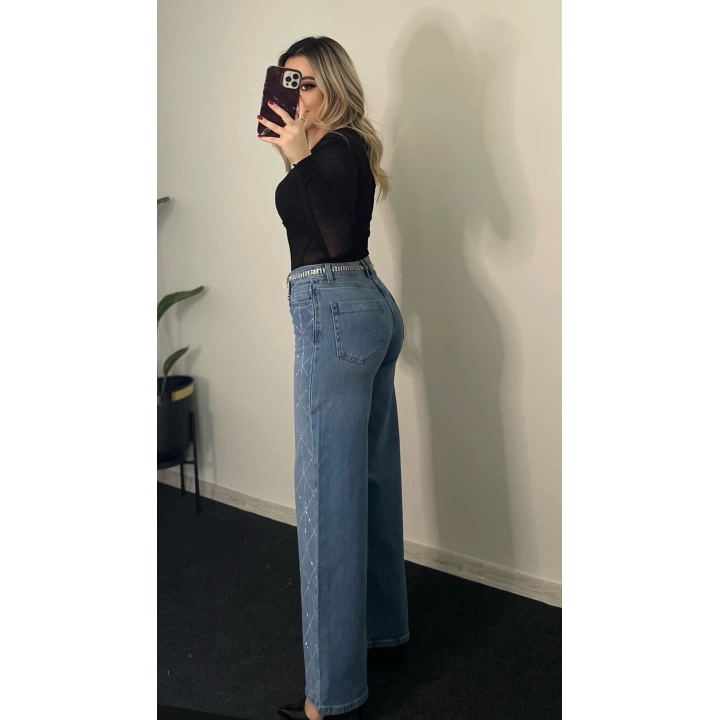 ZR Taşlı Wide Leg Likralı Jean