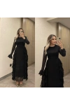 Siyah Volanlı Şifon Elbise