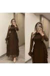 Acı Kahve Volanlı Şifon Elbise