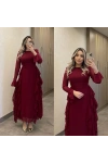 Bordo Volanlı Şifon Elbise