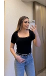 Siyah Önü Dantelli Kare Yaka Body