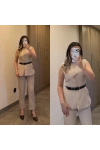 Bej Kemerli Yelek Takım