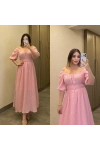 Pembe Yakası Büzgülü Müslin Elbise