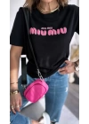 Miu Miu Kabartma Yazılı Siyah Tshirt