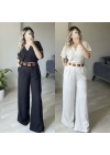 Kruvaze Yaka Bluzlu Keten Takım