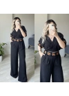 Kruvaze Yaka Bluzlu Keten Takım