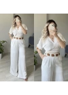 Kruvaze Yaka Bluzlu Keten Takım