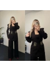 Tasarım Tokalı Blazer Takım Siyah