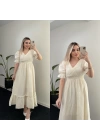 Beli Lastikli Müslin Elbise Bej