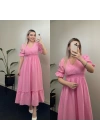 Beli Lastikli Müslin Elbise Pembe