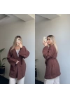 Kahverengi İşlemeli Uzun Kimono