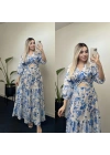 Çiçek Desenli Mavi Elbise