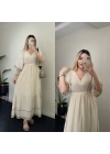 Bej İşleme Detaylı Müslin Elbise