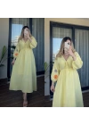 Kolları Nakış İşlemeli Elbise Sarı
