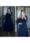 Kolları Nakış İşlemeli Müslin Elbise Lacivert