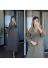 Kolu Nakış İşlemeli Müslin Elbise Haki